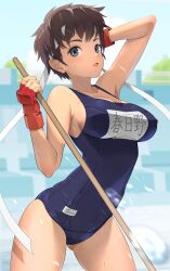  1girl blue_eyes blue_one-piece_swimsuit blue_sky blush breasts brown_hair cacn cowboy_shot day fingerless_gloves gloves headband highres kasugano_sakura large_breasts looking_at_viewer name_tag one-piece_swimsuit open_mouth outdoors pool red_gloves school_swimsuit short_hair sky solo standing street_fighter swimsuit thighs water wet  rating:Sensitive score:54 user:danbooru