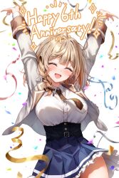  1girl :d ^_^ anniversary arms_up belt belt_buckle black_belt blue_skirt blush bow braid breasts brown_bow brown_hair brown_necktie buckle closed_eyes collared_shirt commentary_request confetti dress_shirt facing_viewer frilled_skirt frills grey_jacket hair_bow hair_over_shoulder highres jacket kuria_(clear_trip_second) long_hair looking_at_viewer medium_breasts necktie open_clothes open_jacket open_mouth original pleated_skirt shirt simple_background skirt smile solo streamers white_background white_shirt 