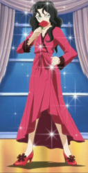  00s 1990s_(style) 1girl b-daman bakukyuu_hit!_crash_b-daman bathrobe black_hair female_focus flower full_body green_eyes highres indoors mole princess_darami rose screencap solo sparkle 