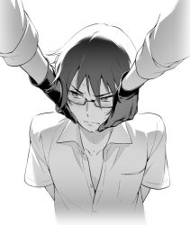 10s 1boy arms_behind_back blush boku_dake_ga_inai_machi collarbone fujinuma_satoru glasses gloves greyscale hands_on_another&#039;s_face jumping_dogeza long_sleeves looking_away male_focus monochrome short_sleeves simple_background sleeves_rolled_up solo_focus sweat wavy_mouth white_background yashiro_gaku rating:Sensitive score:13 user:danbooru