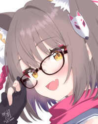  1girl animal_ear_fluff animal_ears bespectacled blue_archive brown_hair fang fox_ears glasses gloves halo highres izuna_(blue_archive) looking_at_viewer pink_halo s_sequentia scarf simple_background skin_fang smile solo 