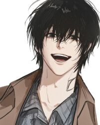  1boy black_hair brown_jacket commentary dang0_23 grey_shirt hair_between_eyes hashtag-only_commentary jacket looking_at_viewer male_focus nagumo_(sakamoto_days) neck_tattoo open_mouth portrait sakamoto_days shirt short_hair simple_background smile solo tattoo teeth white_background 