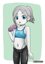 1girl 236kbs aged_down bare_shoulders black_pants blue_eyes blue_sports_bra collarbone colored_skin drink feet_out_of_frame female_focus flat_chest grey_hair highleg highres holding holding_drink loli looking_at_viewer midriff navel nintendo open_mouth pants solo sports_bra standing sweat white_skin wii_fit wii_fit_trainer wii_fit_trainer_(female) yoga_pants rating:Questionable score:96 user:MonsieurCinq