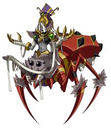 1girl ancient_egyptian_clothes arachne archnemon armor arthropod_girl bandages breasts bug claws cleavage collar colored_skin digimon digimon_(creature) fusion grey_skin helmet highres insect_girl large_breasts monster_girl mummymon navel oridigi original shoulder_armor smile solo someguy944 spider spider_girl taur usekh_collar