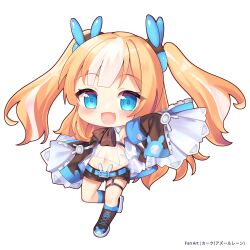  1girl absurdres akimiya_yamiku azur_lane belt belt_buckle black_bow black_bowtie black_shoes black_shorts black_sleeves blonde_hair blue_belt blue_eyes blue_ribbon bow bowtie buckle chibi chibi_only commentary_request crop_top detached_sleeves fang full_body hair_ribbon highres kalk_(azur_lane) long_hair long_sleeves looking_at_viewer midriff multicolored_hair navel open_mouth ribbon shirt shoes shorts skin_fang sleeves_past_fingers sleeves_past_wrists smile solo standing standing_on_one_leg two-tone_hair two_side_up white_background white_hair white_shirt wide_sleeves 