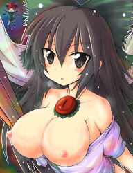  animal_ears arm_cannon black_hair black_wings blush bow braid breasts breasts_out cape cat_ears cat_girl commentary_request control_rod_(touhou) dress feathered_wings green_bow green_dress hair_bow highres kaenbyou_rin kamashi long_hair looking_at_viewer nipples open_mouth red_hair reiuji_utsuho shirt solo_focus third_eye touhou twin_braids upper_body weapon white_cape white_shirt wings 