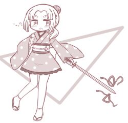 1girl :o bad_id bad_twitter_id blush cutting design_speculation full_body hair_bun holding holding_sword holding_weapon japanese_clothes katana kimono long_sleeves looking_at_viewer magia_record:_mahou_shoujo_madoka_magica_gaiden mahou_shoujo_madoka_magica mizuna_tsuyu monochrome obi parted_bangs reverse_(bluefencer) sash short_eyebrows simple_background single_hair_bun sleeves_past_wrists socks solo standing standing_on_one_leg sword tears thick_eyebrows weapon white_background wide_sleeves