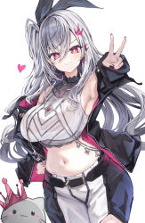  1girl absurdres armpits belt black_belt black_bow black_jacket black_pants bow breasts cropped_shirt double-parted_bangs earclip grey_hair haidollo hair_between_eyes hair_bow hand_on_own_hip highres hololive hololive_dev_is isaki_riona jacket large_breasts long_hair long_hair_between_eyes looking_at_viewer navel navel_piercing off_shoulder one_side_up outstretched_arm pants piercing red_eyes shirt sidelocks simple_background sleeveless sleeveless_shirt solo two-tone_pants v virtual_youtuber white_background white_pants white_shirt 
