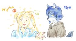  2girls :d ahoge animal_ears animal_hands asymmetrical_bangs bad_id bad_twitter_id blonde_hair blue_fur blue_hair blue_shirt blunt_sidelocks bocchi_the_rock! braid cartoon_bone character_name closed_mouth collared_shirt commentary_request dog_ears dog_girl dog_paws ears_down fox_ears fox_girl fox_tail furrification furry furry_female glub000 grey_hoodie hood hoodie ijichi_nijika inactive_account korean_commentary long_hair looking_at_viewer looking_to_the_side mole mole_under_eye multiple_girls open_mouth paw_print shirt short_hair side_ponytail sidelocks simple_background smile snout tail upper_body white_background yamada_ryo yellow_eyes yellow_fur 