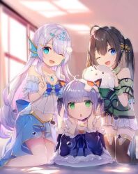  3girls ;d ahoge bad_id bad_twitter_id blue_bow blue_bowtie blue_brooch blue_eyes blue_skirt blurry blurry_background bow bowtie breasts brown_hair brown_thighhighs choker detached_sleeves doris_(hololive) egg_hair_ornament eternal_star fins food-themed_hair_ornament frilled_sleeves frills green_eyes green_shirt hair_ornament head_fins holding hololive hololive_china indie_virtual_youtuber jewelry long_sleeves lucca_project multiple_girls necklace one_eye_closed open_mouth pleated_skirt purple_choker purple_hair purple_sleeves shell_hair_ornament shirt skirt smile star_(symbol) star_choker thighhighs tiara tongue twintails v virtual_youtuber wawako_mama white_skirt yunyu_luan 