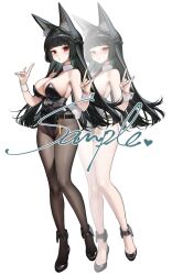  1girl :t \n/ animal_ear_fluff animal_ears black_hair black_leotard black_necktie black_pantyhose black_shoes blunt_bangs blush breasts cleavage closed_mouth detached_collar fake_tail fox_ears fox_girl fox_shadow_puppet highleg highleg_leotard highres hoshimi_miyabi large_breasts leotard long_hair looking_at_viewer necktie pantyhose playboy_bunny pout rabbit_ears rabbit_tail red_eyes shoes smilesmile1312 strapless strapless_leotard tail thighs tiptoes upper_body v white_wrist_cuffs wrist_cuffs zenless_zone_zero 