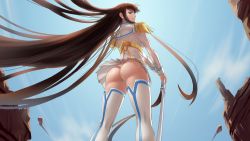 ass ass_focus black_hair high_boots katana kill_la_kill kiryuuin_satsuki long_hair looking_at_viewer looking_back outdoors sword upskirt very_long_hair weapon  rating:Questionable score:50 user:Angurr