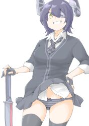  1girl akara_kai black_gloves black_skirt black_thighhighs gloves grin hair_over_one_eye highres holding holding_sword holding_weapon kantai_collection looking_at_viewer miniskirt necktie plaid_clothes plaid_necktie purple_hair short_hair simple_background skirt smile solo sword tenryuu_(kancolle) thighhighs weapon white_background 