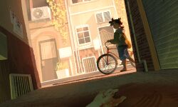  1boy 1other air_conditioner alley bag bicycle black_hair blood blood_on_hands brick_wall bush denim denim_shorts door dutch_angle from_below fruiitlins grate green_sweater highres hood hood_down implied_death implied_murder industrial_pipe looking_at_another original plant poster_(object) potted_plant pushing_bicycle road sewer_grate short_hair shorts shoulder_bag skid_mark street sweater viewer_self-insert wanted_poster window 
