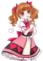  1girl :p aihira_(aihira12) aisaki_emiru back_bow bare_arms blunt_bangs bow bowtie brown_eyes brown_hair closed_mouth collared_shirt cowboy_shot diamond_print dot_nose eating expressionless eyelashes food frilled_shirt frilled_skirt frilled_sleeves frills hair_bow heart heart_print holding holding_food holding_ice_cream holding_ice_cream_cone hugtto!_precure ice_cream ice_cream_cone layered_skirt light_blush light_frown long_hair medium_skirt own_hands_together pantyhose pink_skirt pink_vest precure puffy_short_sleeves puffy_sleeves red_bow red_bowtie shirt short_sleeves simple_background skirt skirt_set solo standing tareme tongue tongue_out twintails vest wavy_hair white_background white_pantyhose white_shirt white_skirt 