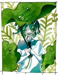  1other :d androgynous closed_eyes crystal_hair facing_viewer highres holding houseki_no_kuni leaf leaf_umbrella necktie open_mouth outside_border phosphophyllite plant puffy_short_sleeves puffy_sleeves shiro_(kuro_guu) shirt short_hair short_sleeves smile solo upper_body water_drop white_shirt 