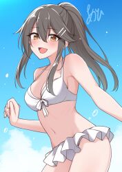  1girl akahi242 alternate_hairstyle artist_name bikini bikini_skirt black_hair blue_sky breasts brown_eyes cloud commentary_request hair_ornament hairclip haruna_(2016_swimsuit)_(kancolle) haruna_(kancolle) highres kantai_collection long_hair official_alternate_costume ponytail shirt sky smile solo swimsuit t-shirt white_bikini 