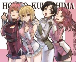  4girls agnes_giebenrath black_hair black_skirt blonde_hair blue_eyes breasts dress eto_384 flay_allster gundam gundam_seed gundam_seed_destiny gundam_seed_freedom hair_ornament jacket kuwashima_houko lipstick long_hair long_sleeves looking_at_viewer makeup military military_uniform miniskirt multiple_girls natarle_badgiruel open_mouth pink_hair pleated_skirt purple_eyes red_eyes red_hair red_uniform short_hair skirt smile stellar_loussier thighhighs twintails voice_actor_connection 