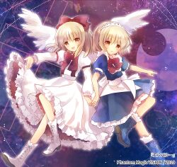  2girls :d apron blonde_hair blue_background blue_boots blue_dress boots bow crescent cross dress feathered_wings frown gengetsu_(touhou) gradient_background highres holding_hands knees latin_cross long_sleeves maid maid_apron maid_headdress medium_hair mugetsu_(touhou) multiple_girls open_mouth orange_eyes outstretched_arm purple_background red_bow red_ribbon ribbon short_sleeves smile torii_sumi touhou touhou_(pc-98) white_boots white_dress white_ribbon white_sleeves white_wings wings 