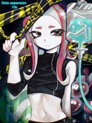  1girl absurdres agent_8_(splatoon) anniversary caution_tape closed_mouth copyright_name crop_top hanmenmi0_0 hashtag-only_commentary highres jellyfish_(splatoon) long_hair navel nintendo octoling red_hair solo splatoon_(series) splatoon_2 splatoon_2:_octo_expansion standing tentacle_hair thick_eyebrows yellow_eyes 