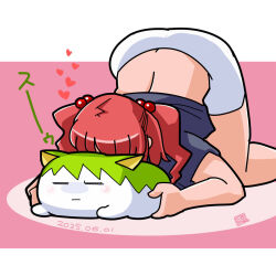  1girl 2girls barefoot blue_shirt commentary_request cookie_(touhou) dated diyusi_(cookie) full_body gloom_(expression) hair_bobbles hair_ornament heart highres hug itini-sanshi multiple_girls onozuka_komachi pink_background red_hair seiza shirt shishou_(cookie) short_sleeves shorts sitting solo sukusuku_hakutaku touhou two-tone_background two_side_up white_background white_shorts 