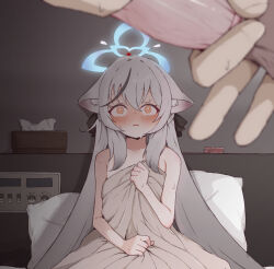 1boy 1girl animal_ears black_hair blanket blue_archive blue_halo blush bright_pupils condom condom_on_penis grey_hair halo hetero highres indoors kokona_(blue_archive) loli long_hair looking_at_penis multicolored_hair niss_oekaki penis putting_on_condom sitting solo_focus streaked_hair tissue_box very_long_hair white_pupils yellow_eyes rating:Explicit score:180 user:danbooru