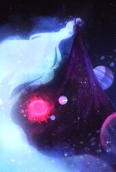  1other arms_behind_back black_dress dress faceless fog long_dress long_hair original painterly planet red_sun scenery size_difference sleeveless sleeveless_dress solar_system solo space starry_sky_print sun tall_female tying_hair very_long_hair zandra 