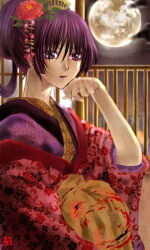  1girl cloud floral_print flower full_moon guren0724 hair_flower hair_ornament hand_on_own_chin japanese_clothes kimono looking_ahead medium_hair moon night night_sky obi oiran original print_kimono purple_eyes purple_hair railing red_flower red_kimono sash shouji sky sliding_doors solo wide_sleeves wooden_railing yuujo 