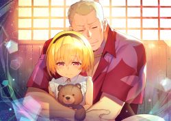  1boy 1girl absurdres black_hairband blonde_hair blush closed_eyes collared_shirt comforting commentary_request crying day floral_print frilled_shirt frills hair_between_eyes hairband hawaiian_shirt highres higurashi_no_naku_koro_ni higurashi_no_naku_koro_ni_gou houjou_satoko houjou_teppei hug hug_from_behind hugging_object indoors lens_flare light_particles light_rays looking_down nakayama_yuuji print_shirt red_eyes red_shirt shirt short_hair short_sleeves sleeveless sleeveless_shirt stuffed_animal stuffed_toy sunbeam sunlight tatariakashi-hen tears teddy_bear uncle_and_niece upper_body white_shirt  rating:General score:25 user:danbooru