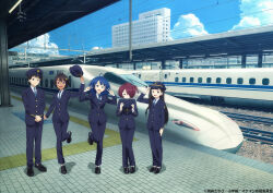  1boy 4girls ahoge black_eyes black_footwear black_hair blue_eyes blue_hair blue_hat blue_jacket blue_pants double_v female_service_cap hat high-speed_train jacket komari_chika long_hair long_sleeves looking_at_viewer make_heroine_ga_oo_sugiru! multiple_girls n700 nukumizu_kaju nukumizu_kazuhiko official_art outdoors pants railroad_tracks real_world_location shinkansen shirt shoes short_hair smile standing standing_on_one_leg train train_attendant train_conductor train_station train_station_platform travel_attendant uniform v white_shirt yakishio_lemon yanami_anna 