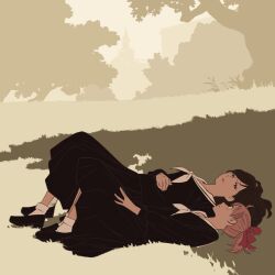  2girls 55bata6rou black_hair black_serafuku black_shirt black_shoes black_skirt brown_hair fukuzawa_yumi full_body highres knees_up lillian_girls&#039;_academy_school_uniform loafers long_hair long_sleeves looking_at_another lying maria-sama_ga_miteru multiple_girls neckerchief ogasawara_sachiko on_back on_grass outdoors pleated_skirt school_uniform serafuku shirt shoes skirt socks tree twintails white_neckerchief white_socks 