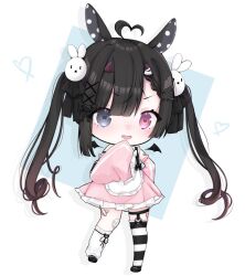 1girl 2023 ahoge artist_request bandaged_leg bandages bandaid bandaid_on_leg black_hair garters heart heart_ahoge heterochromia highres horns indie_virtual_youtuber kamiru_runa knot loli long_hair long_sleeves rabbit_ears small_feet solo twintails virtual_youtuber white_background 