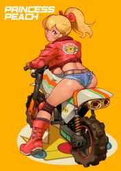  1girl adapted_costume ass blonde_hair blue_eyes boots breasts cessa character_name cropped_jacket denim denim_shorts gloves highres jacket knee_pads large_breasts mario_(series) mario_kart mario_kart_world micro_shorts motor_vehicle motorcycle nintendo no_bra o3o official_alternate_costume official_alternate_hairstyle parted_lips pink_jacket ponytail princess_peach princess_peach_(touring) shorts thighs 