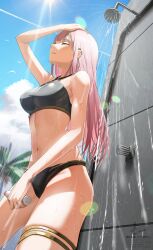  1girl bikini black_bikini blue_sky breasts closed_eyes cloud day highres hololive hololive_english kito_koruta koruta_(nekoimo) long_hair medium_breasts mori_calliope navel outdoors parted_lips pink_hair shower_head showering sky solo standing sun swimsuit virtual_youtuber wet 