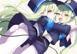  2girls armband ass belt blue_archive demon_tail fang gloves green_hair green_halo hair_between_eyes halo hat highres hikari_(blue_archive) long_hair looking_at_viewer multiple_girls nozomi_(blue_archive) open_mouth pantyhose peaked_cap pleated_skirt pointy_ears shirt shorts skirt tail tonomiya68 white_gloves yellow_eyes 