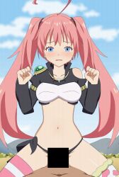 1boy 1girl animated animated_gif black_panties blue_eyes breasts censored hetero long_hair medium_breasts milim_nava navel panties pink_hair r.exe sex tensei_shitara_slime_datta_ken twintails underwear rating:Explicit score:126 user:Leon-478