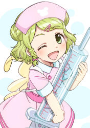  1girl braid collared_dress dress green_eyes green_hair hair_ornament hairclip hat highres hikari_(mitsu_honey) large_syringe looking_at_viewer morinaka_kazaki nijisanji nurse nurse_cap one_eye_closed open_mouth oversized_object pink_hat short_hair solo syringe virtual_youtuber 