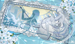  1boy absurdres blue_background boots cael_anselm cape caustics chinese_commentary closed_mouth commission cuff_links expressionless fire flower frills full_body hair_between_eyes highres impaled jacket lily_(flower) long_bangs long_hair long_sleeves looking_at_viewer looking_to_the_side lovebrush_chronicles lying male_focus on_side painting_(object) pants picture_frame polearm purple_eyes refraction see-through_clothes shi_jiao_dawang_bai_heng_heng side_cape skull solo spear sun_symbol thigh_boots very_long_hair watermark weapon weibo_watermark white_boots white_cape white_flower white_hair white_jacket white_lily white_pants 