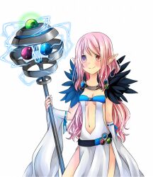  1girl belt black_belt blush breasts closed_mouth commentary_request cowboy_shot detached_sleeves dress fur_collar holding holding_staff long_hair looking_at_viewer medium_breasts meiko_(nattu303) navel pink_eyes pink_hair pointy_ears ragnarok_online ribbon-trimmed_sleeves ribbon_trim side_slit simple_background sleeveless sleeveless_dress smile solo sorcerer_(ragnarok_online) staff white_background white_dress white_sleeves 