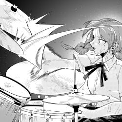  1girl absurdres afterimage braid collared_shirt commentary_request dress_shirt drum drum_set futsuu_no_keion-bu greyscale highres instrument long_hair mangakashibou mole mole_under_eye monochrome music neck_ribbon open_mouth playing_drum playing_instrument ribbon shirt skirt smear_frame solo sweat twin_braids twintails uchida_momo 
