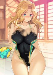 1girl backlighting blonde_hair blush bodypaint breasts cleavage cleft_of_venus clenched_teeth commentary_request completely_nude cowboy_shot embarrassed exhibitionism fang girls_und_panzer gluteal_fold green_eyes hair_intakes highres indoors kay_(girls_und_panzer) large_breasts looking_at_viewer medium_hair nakamura_yukitoshi naked_paint navel nipples nude open_mouth painted_clothes pool public_indecency pussy solo speech_bubble standing striped teeth thigh_gap thighs water water_gun wavy_hair wet wide_hips window rating:Explicit score:130 user:danbooru