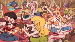  alcohol alternate_costume animal_ears barefoot blanket blush bottle bow braid breasts cirno crossed_legs cup cupping_glass curly_hair dog_ears dog_girl dog_tail dress drink drinking_glass drunk evening_gown feet food foot_focus forest frog_hair_ornament glass grass green_eyes green_hair grin hair_bow hair_ornament hakurei_reimu highres holding holding_cup horns ibuki_suika kariyushi_shirt kirisame_marisa kochiya_sanae komano_aunn konpaku_youmu legs long_hair manganart multiple_girls nature necktie no_shoes oni open_mouth picnic picnic_basket picnic_blanket pouring pouring_onto_self purple_hair rabbit_ears red_shirt red_wine reisen_udongein_inaba sandwich shirt short_hair short_sleeves shorts single_horn sitting skirt sleeping smile snake_hair_ornament soles spill spilling table tail thermos toenails toes touhou wine wine_bottle wine_glass 