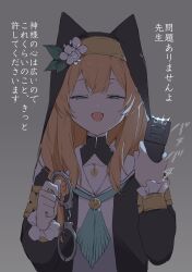  1girl absurdres animal_ear_headwear aqua_neckerchief blue_archive blue_eyes commentary cuffs electricity empty_eyes fake_animal_ears grey_background half-closed_eyes handcuffs haru_15_hiko highres holding holding_handcuffs long_hair long_sleeves looking_at_viewer mari_(blue_archive) neckerchief nun open_mouth orange_hair simple_background smile solo sound_effects straight-on stun_gun translated upper_body yandere 