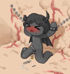  &gt;_&lt; 1boy arms_up azazel_(the_binding_of_isaac) black_horns black_skin black_wings bound bound_testicles bound_wrists bracelet chain colored_skin completely_nude cum demon_boy demon_horns demon_wings ejaculation flesh_wall full_body horns jewelry key lock male_focus nude open_mouth padlock penis shota sitting solo spiked_bracelet spikes sweat testicles the_binding_of_isaac tosx veins wariza wings  rating:Explicit score:34 user:MonsieurCinq