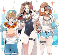  1boy 2girls alternate_costume bad_id bad_pixiv_id black_one-piece_swimsuit brown_hair coconut eyewear_on_head galbi_nyam highres holding ishmael_(project_moon) limbus_company long_hair multiple_girls one-piece_swimsuit one_eye_closed orange_hair project_moon rodion_(project_moon) sinclair_(project_moon) sunglasses swimsuit 