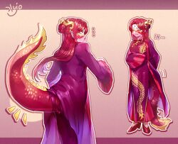  ... 1girl border breasts china_dress chinese_clothes coat commentary_request dragon_girl dragon_tail dress embarrassed facial_mark forehead_mark full_body furrification furry genderswap genderswap_(mtf) hair_ornament half_updo hua_zhuotian_(shinku_castle) large_breasts long_hair looking_back mask monster_girl multiple_views orange_background original pointy_ears profile purple_border purple_coat red_dress red_hair red_scales red_tail see-through_clothes see-through_mask shinku_castle solo tail torn_clothes torn_dress transformation yellow_eyes 