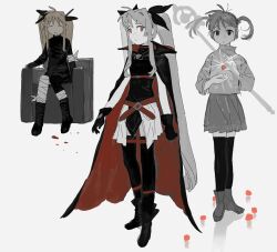  2girls absurdres bandaged_arm bandaged_leg bandages black_cape black_ribbon black_thighhighs blonde_hair blood blood_on_ground cape closed_eyes empty_eyes fate_testarossa hair_ribbon highres lyrical_nanoha ma_fu magical_girl mahou_shoujo_lyrical_nanoha multiple_girls partially_colored raising_heart raising_heart_(standby_mode) red_eyes ribbon takamachi_nanoha thighhighs twintails 