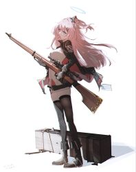  1girl ambriel_(arknights) ankle_boots arknights artist_name black_boots black_jacket black_skirt black_thighhighs boots breasts dated from_side full_body gloves gun hair_ornament hairclip halo highres holding holding_weapon jacket long_hair long_sleeves looking_ahead medium_breasts miniskirt mouth_hold one_side_up open_clothes open_jacket pencil_skirt pink_eyes pink_hair pink_halo pppmepl rifle scope shirt sketch skindentation skirt sniper_rifle solo standing thighhighs traditional_halo weapon weapon_case weapon_request white_shirt zettai_ryouiki 
