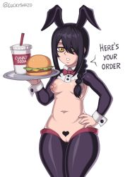 1girl animal_ears artist_name black_hair black_shrug black_thighhighs bow bowtie braid braided_ponytail breasts chainsaw_man cleft_of_venus collar cowboy_shot detached_collar english_text eyebrows fake_animal_ears female_focus food functionally_nude hair_over_one_eye hand_on_own_hip hand_up highres legs_together loli long_hair looking_at_viewer low_ponytail luckyshazo meme_attire navel nayuta_(chainsaw_man) nipples parted_lips ponytail pussy rabbit_ears red_bow red_bowtie reverse_bunnysuit reverse_outfit shrug_(clothing) sidelocks simple_background small_breasts solo standing thighhighs thighs uncensored white_background white_collar white_wrist_cuffs wrist_cuffs yellow_eyes rating:Explicit score:259 user:Only_Kemonomimi