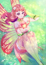  1girl armband armpits bare_shoulders breasts bug butterfly celica_(fire_emblem) celica_(resplendent)_(fire_emblem) choker dress fairy fairy_wings fire_emblem fire_emblem_echoes:_shadows_of_valentia fire_emblem_heroes flower green_armband green_shoes hair_flower hair_ornament highres insect lialiar long_hair medium_breasts nintendo official_alternate_costume orange_eyes orange_hair pink_dress pink_thighhighs red_eyes red_hair shoes solo thighhighs thighs wings 